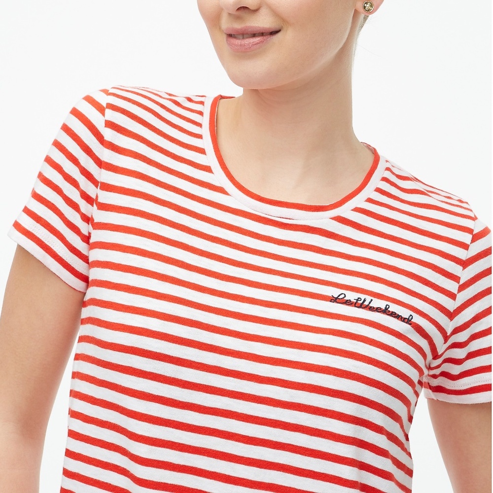 New! J Crew Sz XS "Le Weekend" Chain-stitch T-shirt Red White Striped Top NWT